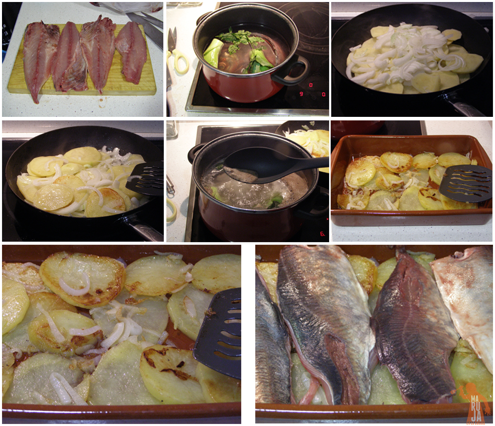 Preparación chicharro al horno con patatas
